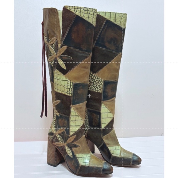 FREE BIRD BY STEVEN JUNO OLIVE MULTI COLOR PATCHWORK TALL BOOTS HANDMADE SIZE 6 - Picture 12 of 13